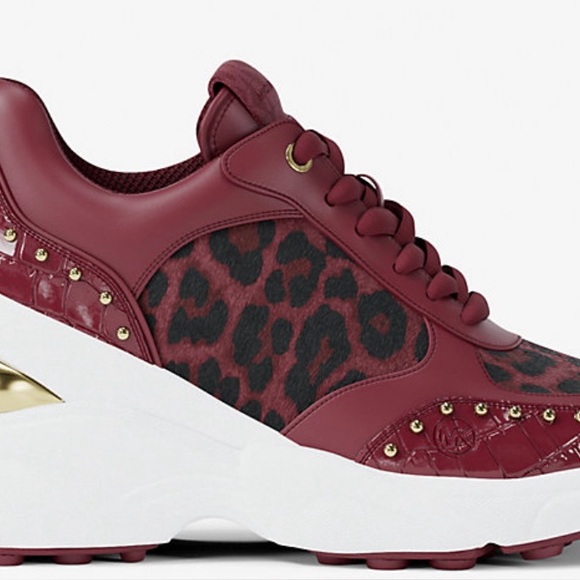 Michael Kors Burgundy Leopard Print Sneakers - Picture 2 of 7